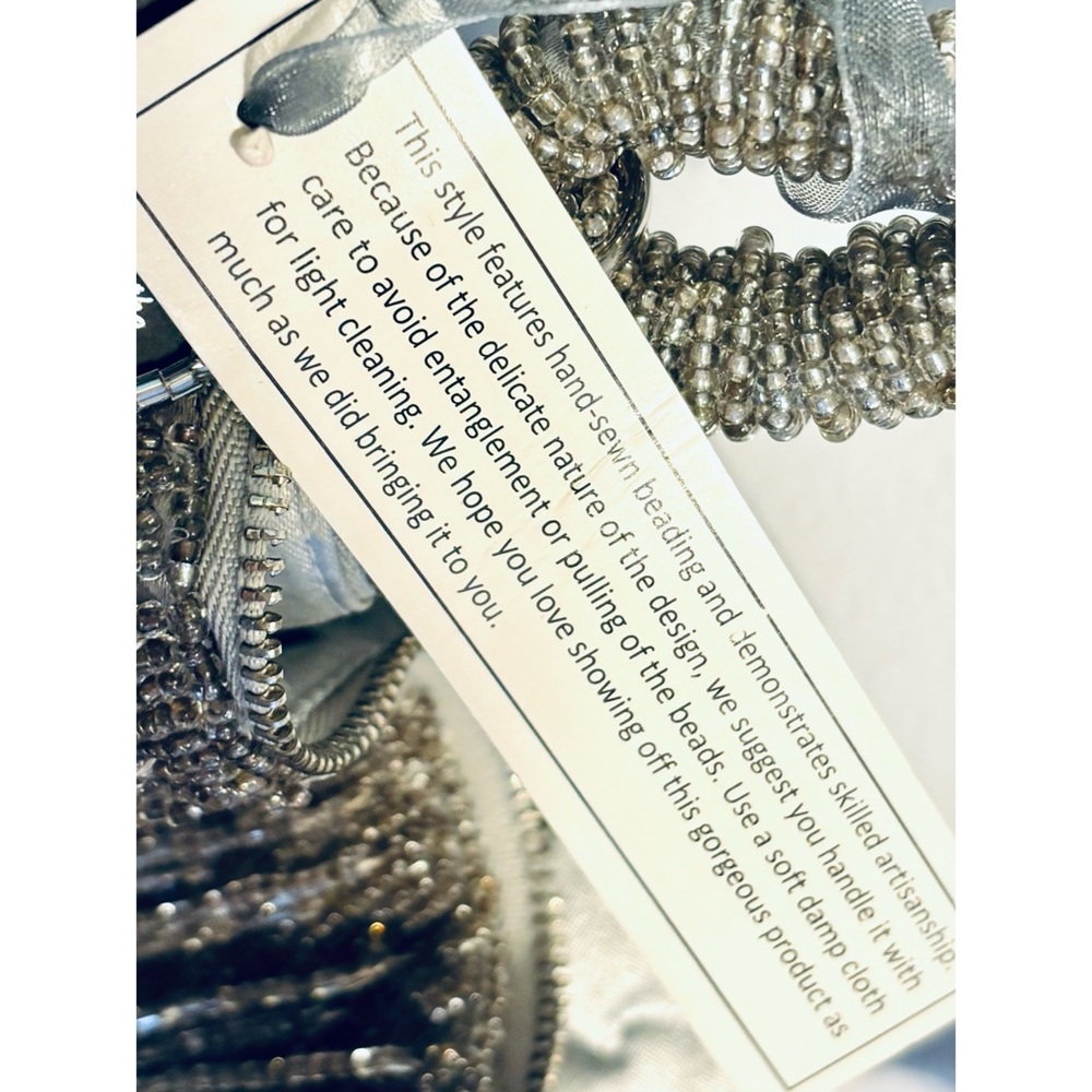 Bling Beaded Silver Fringe Hand Sewn Beading Evening Handbag, Top Zip NWT - Picture 8 of 10